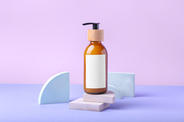 Composition with bottle of natural shampoo on color background