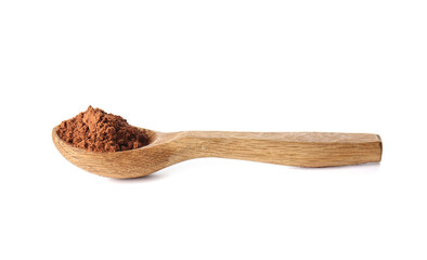 Spoon with cocoa powder on white background