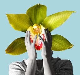 Modern conceptual art poster with a  girl with beautiful flower instead of a head and hands in a mas surrealism style. Contemporary art collage 