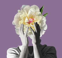 Modern conceptual art poster with a girl with beautiful flower instead of a head and hands in a mas surrealism style. Contemporary art collage