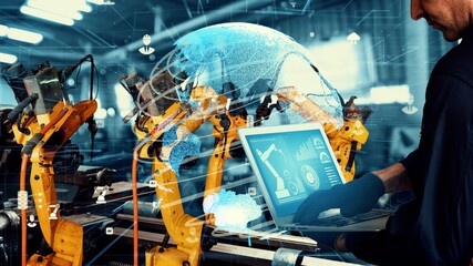 Smart industry robot arms modernization for digital factory technology . Concept of automation...
