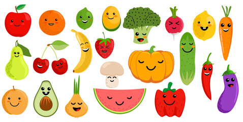 Cute fruits and vegetables. Kawaii vegetable fruit character cartoon set. Clipart for kids with kawaii face. Vector illustration.