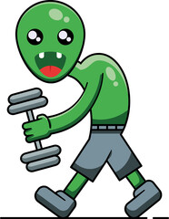 Cute alien baby is holding a barbell, Alien vector illustration
