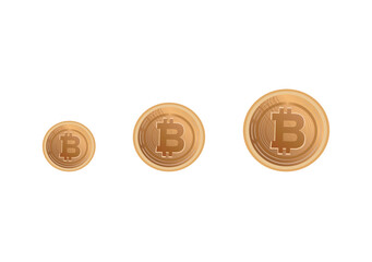 A set of Bitcoin in many size, gold medal cash on white background
