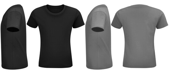 T-shirt design, front, side and back view. Advertising textile print vector set. Sport blank shirt template front and back view.