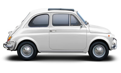 Fototapeta na wymiar Small retro car of white color, side view isolated on a white background.