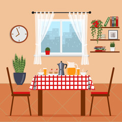 Cozy room with table covered with a tablecloth and breakfast on it. Breakfast at home. Cute apartment with furniture, plants and food on table for two. Flat vector illustration.