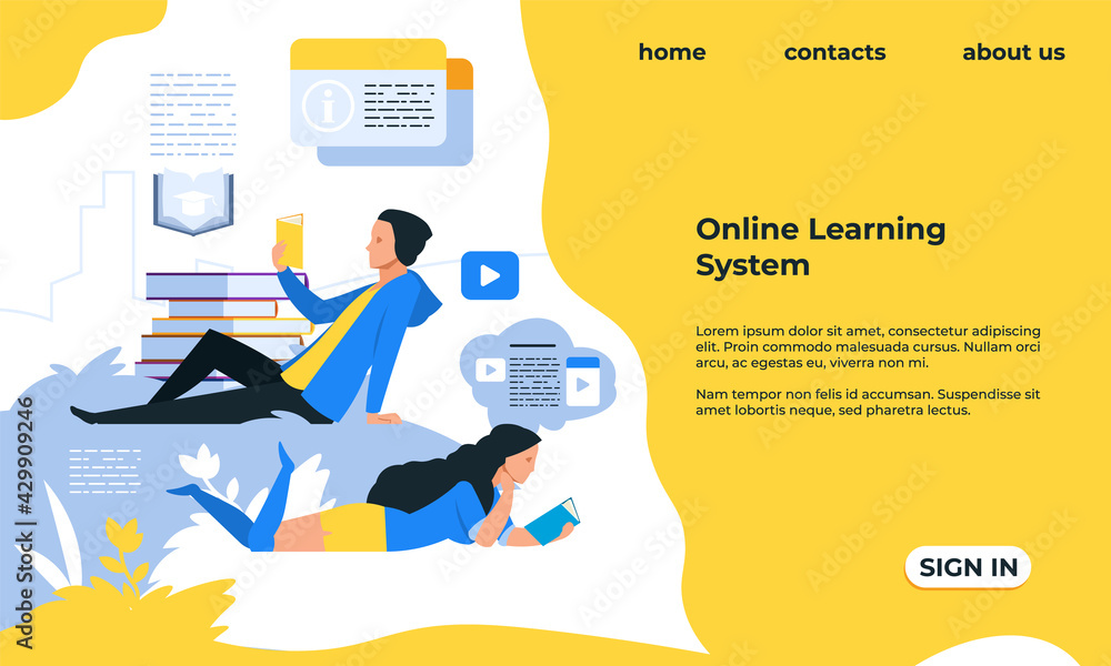 Poster Online learning system landing page. Website for distance education. Web interface template. Man and woman study and read books. Internet complex training service, vector UI mockup