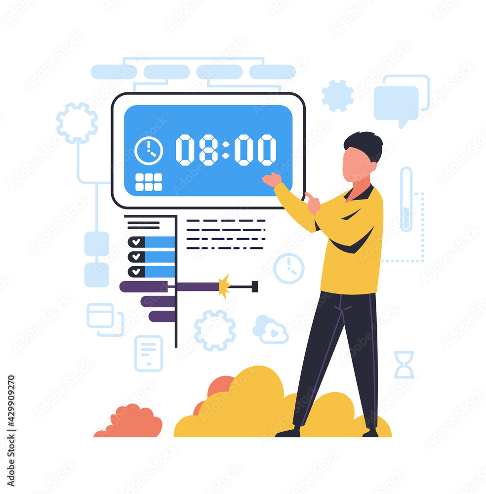 Poster Time management. Organization of work processes concept. Man points to timepiece. Timetable control. Workflow optimization. Scheduling appointments and deadlines. Vector job planning