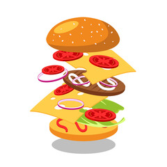Jumping Burger ads, delicious and attractive hamburger with refreshing ingredients
