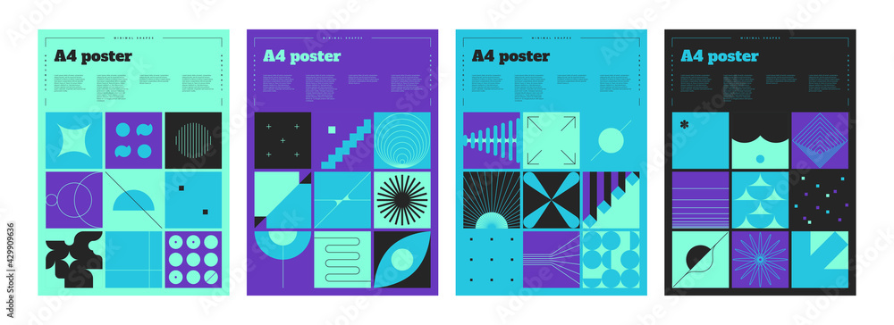 Poster bauhaus banners. abstract minimal a4 posters. geometric shapes and lines in square frames. blue or p