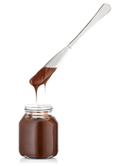 glass jar with chocolate cream isolated on white