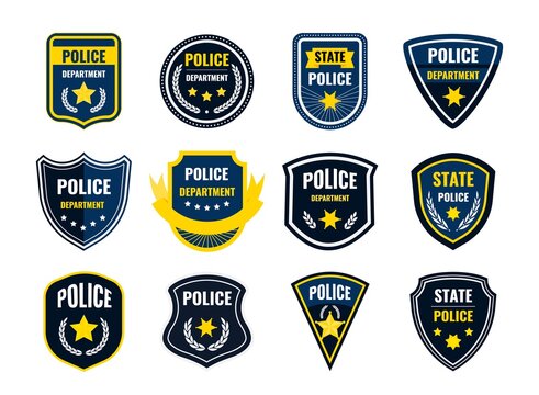 Police badge. Security department shield symbols. Federal government authority banners set. Sheriff signs with yellow stars and plant wreaths. Vector cop stickers or policeman patches