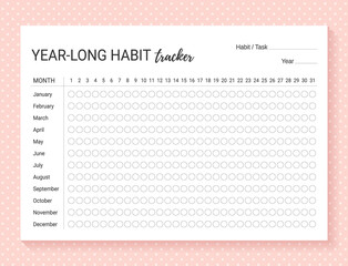 Habit tracker. Template habit diary for year. Vector illustration. Journal planner with bullets. Layout for daily goal list. Simple design. Horizontal, landscape orientation. Paper size A4.