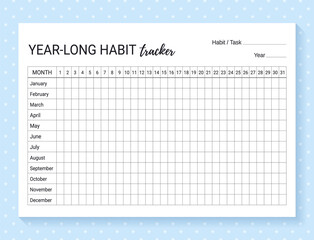 Year-long habit tracker. template habit diary. Journal planner with bullets. Vector illustration. Goal list on dotted background. Simple design. Horizontal, landscape orientation. Paper size A4.
