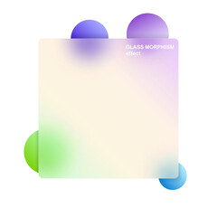 Modern background with glass morphism vector effect. Transparent glass card design. Glassmorphism trend style. Abstract banner with colored, white circles with blur and shadows. Vector illustration