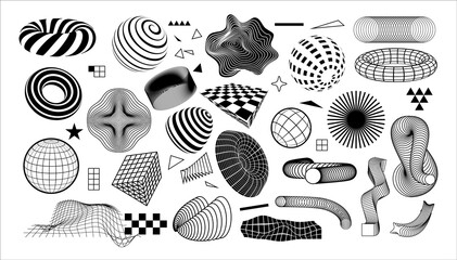 Modern geometric shapes. Abstract graphic elements with dynamic effects. Minimal black and white forms set. Concentric circles or grid textures. Vector checkered and striped figures