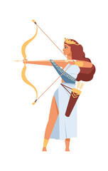 Artemis Greek goddess. Ancient god of hunt. Cartoon mythological divine character shoots from golden bow. Young woman in white toga and wreath with arrows. Vector antique Olympic deity