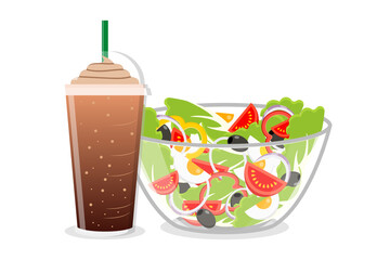 Salad Bowl and Frappe coffee in disposable plastic cup with straw