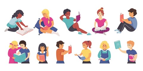 Reading children. School characters standing and sitting with books. People study or read entertainment literature. Boys and girls get knowledge from textbooks. Vector clever kids set