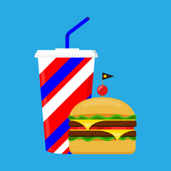 Burger and soda in a paper cup, Soda cup with drinking straw and hamburger