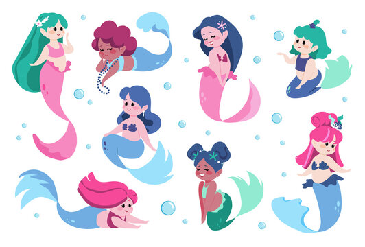 Cute mermaid. Cartoon sea princess with fish tail. Happy marine girl for kids illustration. Isolated undines swimming underwater. Mythological characters set. Vector fairy water nymphs