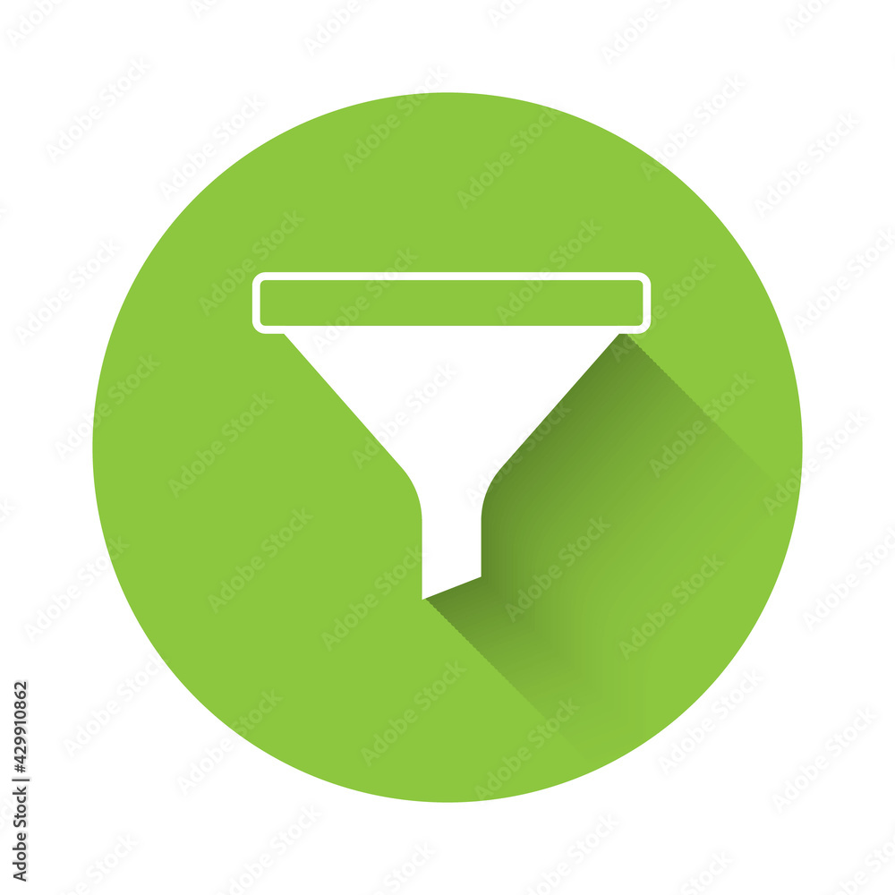 Poster white funnel or filter icon isolated with long shadow. green circle button. vector