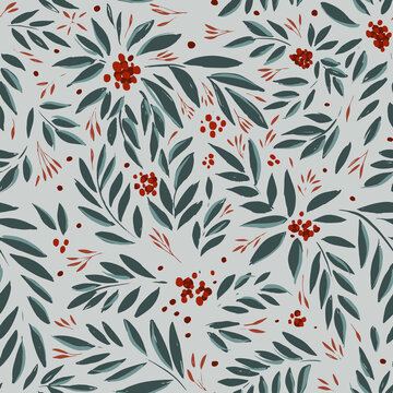 Modern hand drawn seamless pattern with green leaf berry pattern. Watercolor bouquet element. Vector hand drawing. Color pattern, vector illustration.