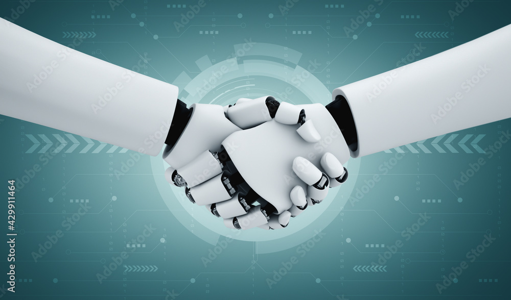 Aufkleber 3d rendering humanoid robot handshake to collaborate future technology development by ai thinking br