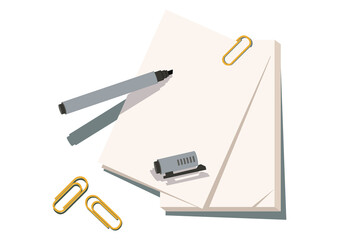 メモ用紙とペンのイラスト。
文房具のクリップアート。
イラスト素材。