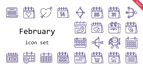 february icon set. line icon style. february related icons such as calendar, cupid, valentines day,