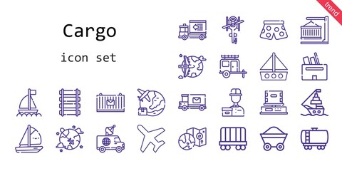 cargo icon set. line icon style. cargo related icons such as plane, container, fuel truck, van, delivery courier, pants, wagon, rail, ship, box, delivery truck, boat, mail