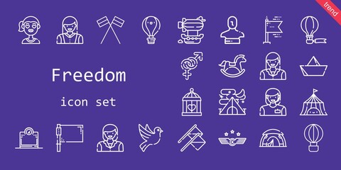 freedom icon set. line icon style. freedom related icons such as tent, woman, flag, airship, gender, flags, scale, air force, statue, girl, horse, cage, hot air balloon, dove, paper boat