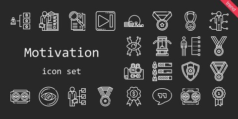 motivation icon set. line icon style. motivation related icons such as skills, next, vision, medal, gym, observe, quotes