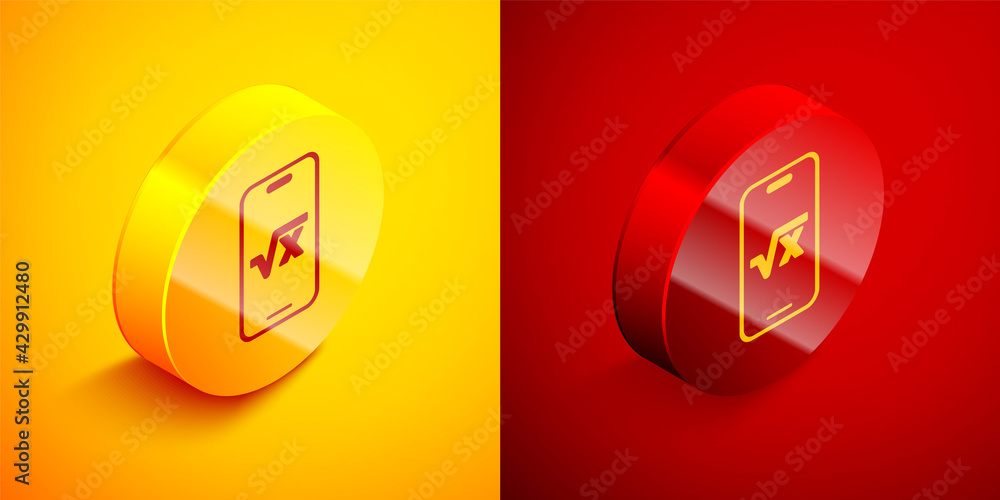 Poster isometric square root of x glyph icon isolated on orange and red background. mathematical expression