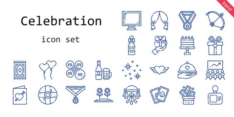 celebration icon set. line icon style. celebration related icons such as gift, cards, display, stars, trick, bow, dinner, petals, heart, flower, wedding car, help, wedding arch
