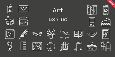 art icon set. line icon style. art related icons such as next, console, panties, spray, castle, piece of cake, turntable, musical note, quill, house, decorative, picture, cart, comb, glasses
