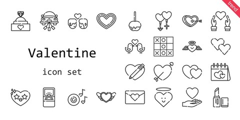Fototapeta na wymiar valentine icon set. line icon style. valentine related icons such as love, couple, engagement ring, caramelized apple, lipstick, heart, cupid, wedding car, romantic