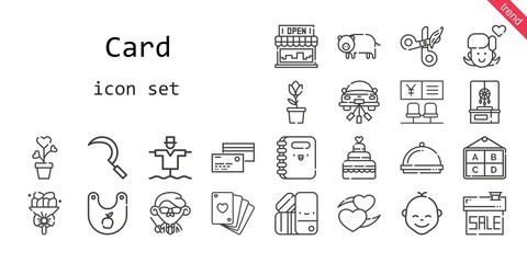 card icon set. line icon style. card related icons such as dreamcatcher, sickle, poker, bouquet, pantone, store, tulip, girl, dinner, heart, scarecrow, pig, scissors
