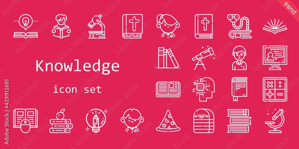 Poster knowledge icon set. line icon style. knowledge related icons such as eraser, bible, student, book, r