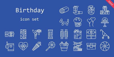birthday icon set. line icon style. birthday related icons such as gift, shower, confetti, balloon modelling, candy, cake, ballons, stroller, lollipop, sweet, muffin, gifts
