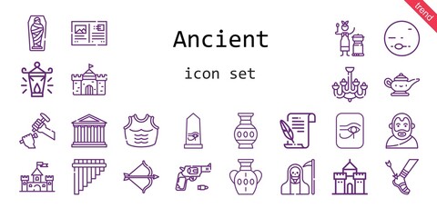 ancient icon set. line icon style. ancient related icons such as aristotle, gun, artemis, egypt, castle, death, chandelier, mummy, vase, sculpture, flute, literature
