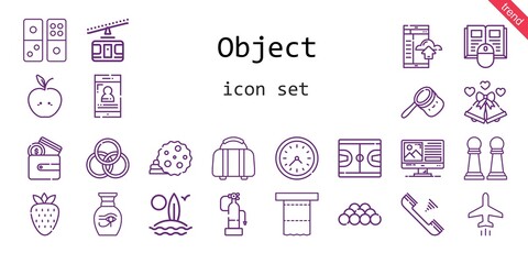 object icon set. line icon style. object related icons such as plane, fire extinguisher, smartphone, wallet, cookie, surfboard, cable car, book, strawberry, bag, wall clock