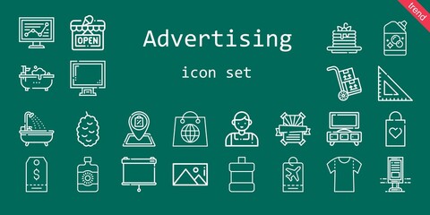advertising icon set. line icon style. advertising related icons such as sun lotion, berry, shop, mouthwash, display, pancakes, billboard, packs, picture, line chart, square, shopping bag, detergent