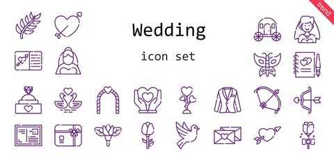 wedding icon set. line icon style. wedding related icons such as love, bride, gift card, carriage, engagement ring, bow, branch, swans, heart, flower, cupid, guests book