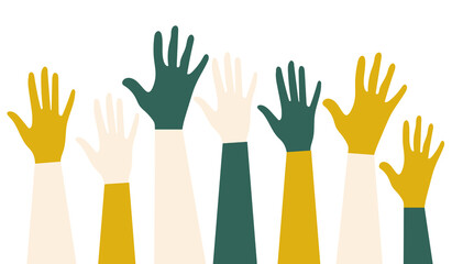 Obraz premium International Youth Day. Voting in elections. Fight for equal rights. Silhouettes of hands of guys and girls of different nationalities and religions. Festive poster in trendy colors. Vector graphics.