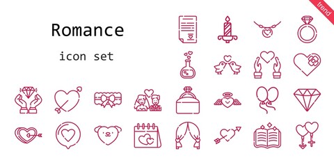 romance icon set. line icon style. romance related icons such as love, couple, engagement ring, balloons, garter, necklace, heart, love potion, cupid, diamond, spellbook