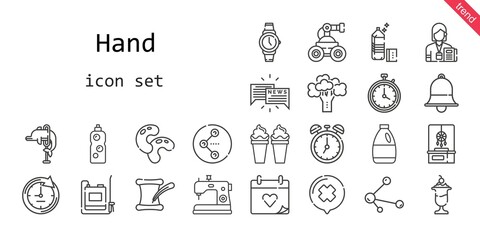 Obraz na płótnie Canvas hand icon set. line icon style. hand related icons such as dreamcatcher, dolphin, sprayer, sewing machine, wedding day, broccoli, clock, bell, robot, journalist