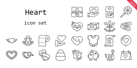 Fototapeta na wymiar heart icon set. line icon style. heart related icons such as love, wedding ring, band aid, candy, swan, broken heart, wedding day, lollipop, body, wedding bells, heart,