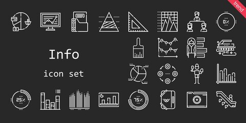 info icon set. line icon style. info related icons such as brush, line chart, square, escalator, folder, paint brush, percentage, bar chart, pie chart, pyramid, structure